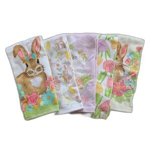 Set of Five Easter Bunny and Spring Floral Terrycloth Kitchen Towels 100% Cotton